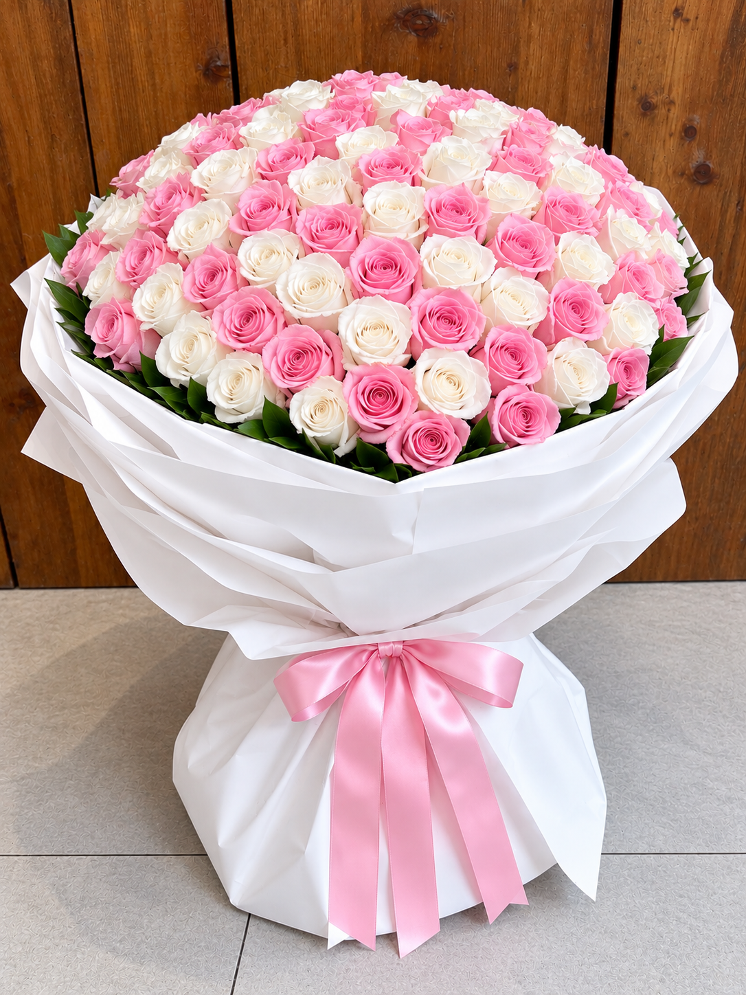 300 Pink & White Roses Bouquet in White Wrap