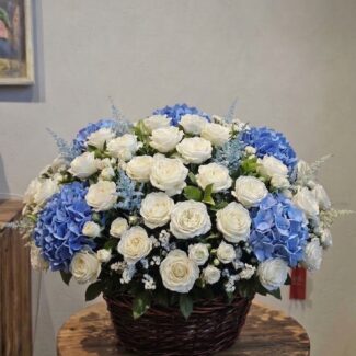Blue Hydrangea & White Rose Basket
