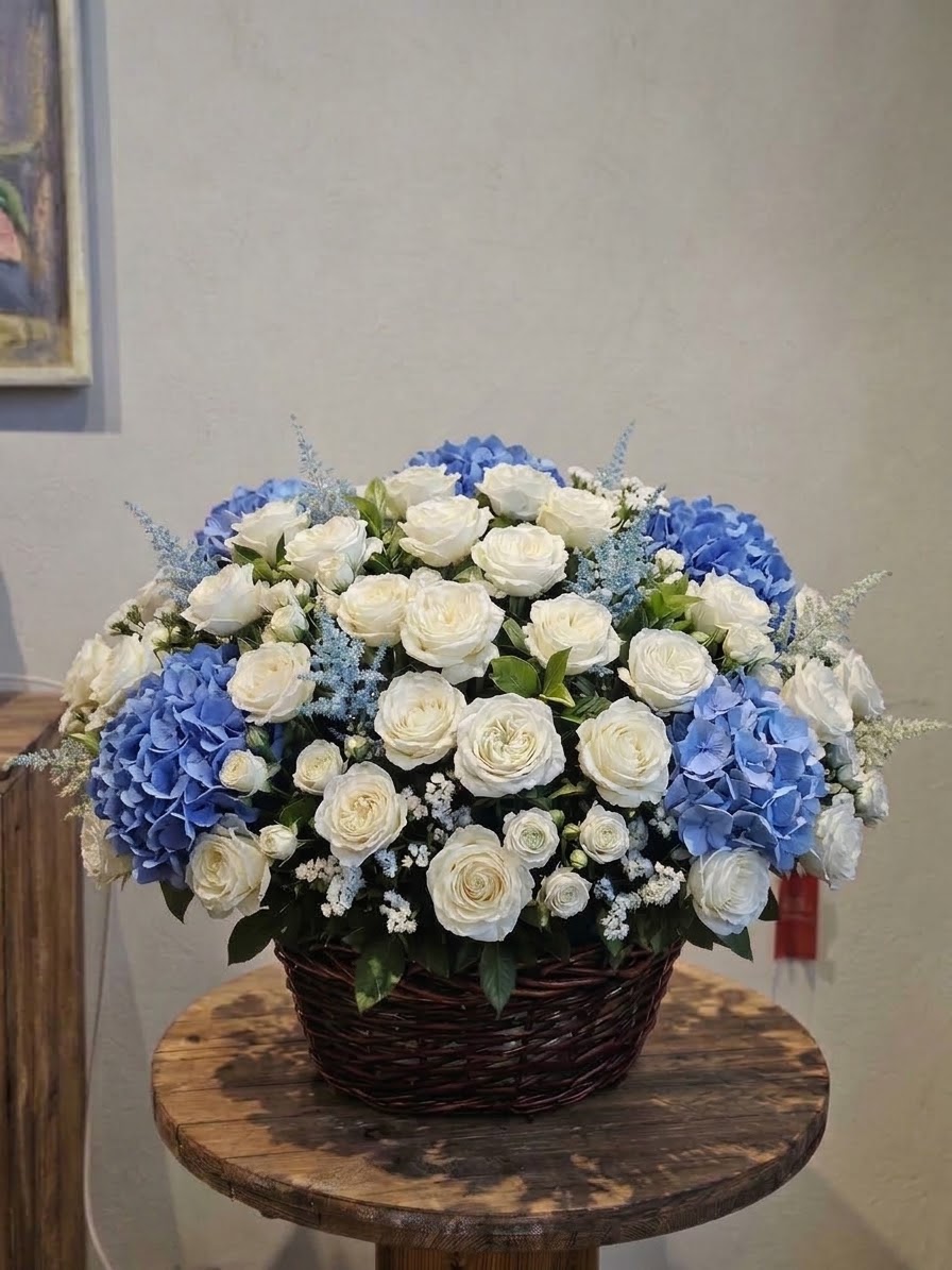 Blue Hydrangea & White Rose Basket