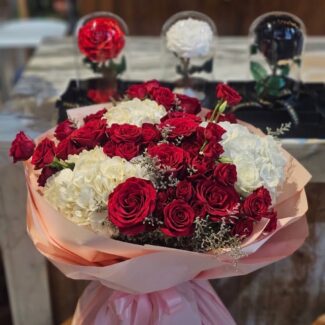 Red Roses & White Hydrangea Bouquet